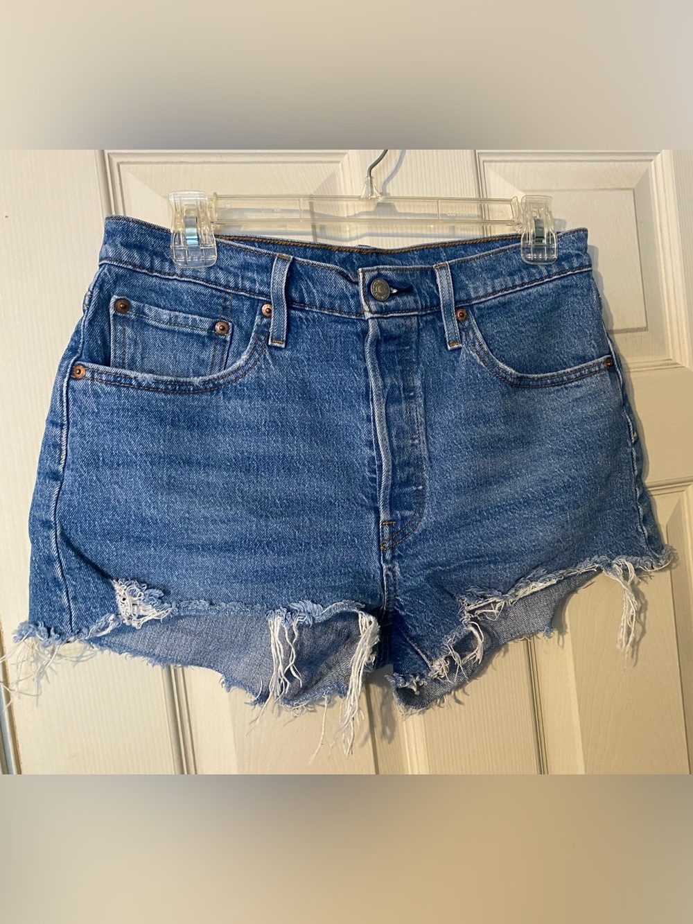 Levi's 501 button fly Distressed High-Rise Denim jean Shorts cut offs size 29